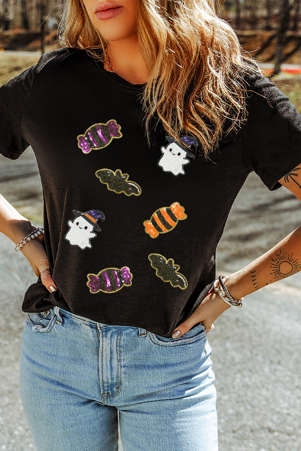 Black Halloween Spirit Pattern Sequins Patch Custom Casual Tee