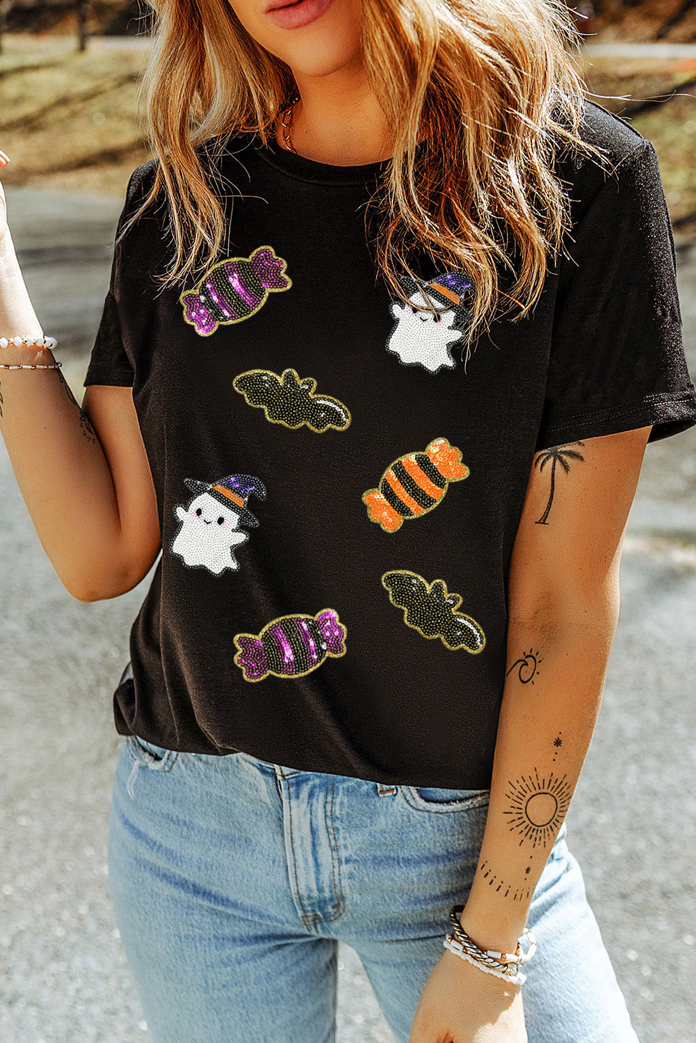 Black Halloween Spirit Pattern Sequins Patch Custom Casual Tee