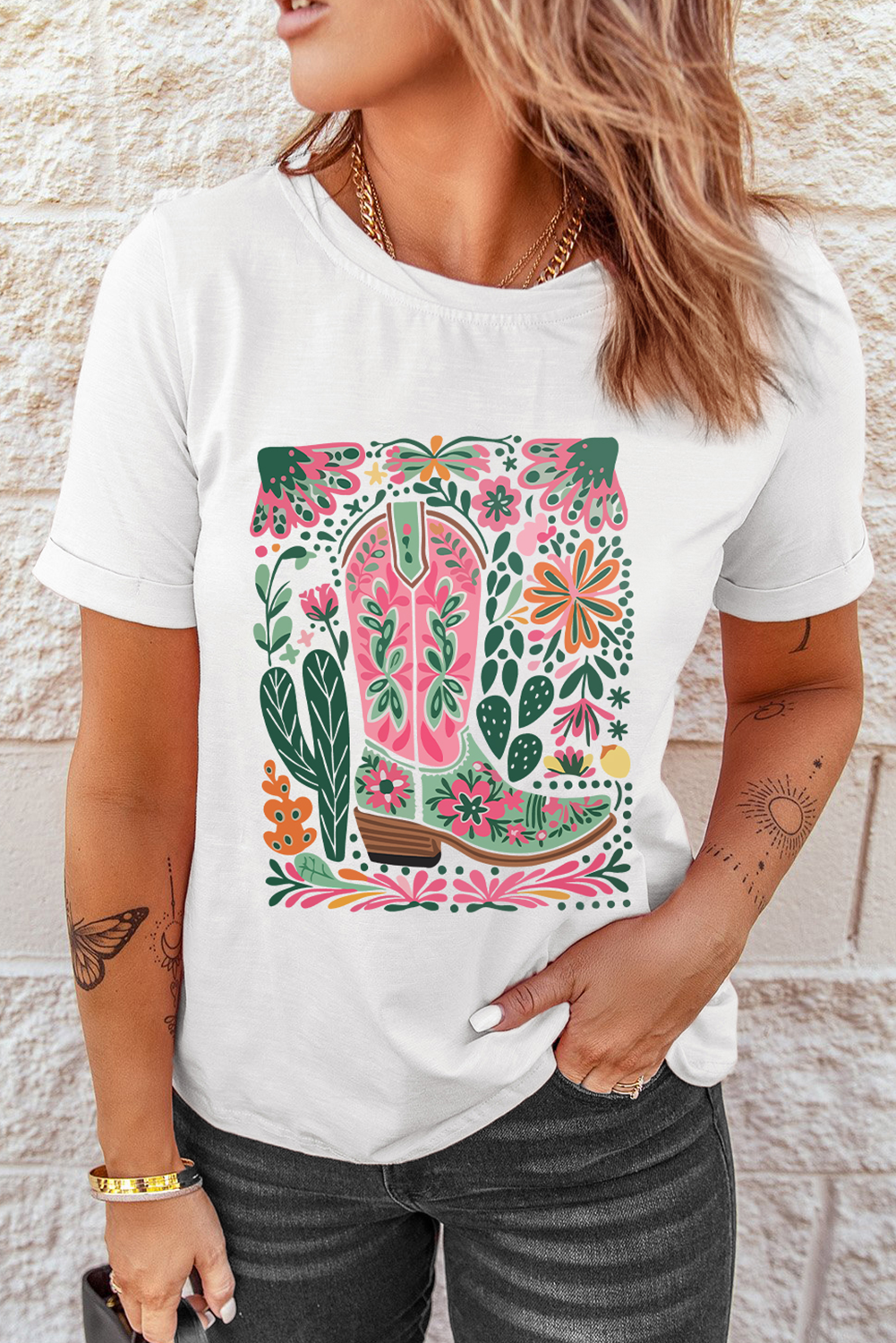 White Boots Flower Print Crew Neck Graphic Loose Tee