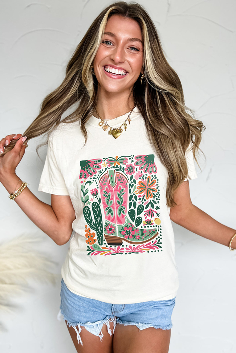 White Boots Flower Print Crew Neck Graphic Loose Tee