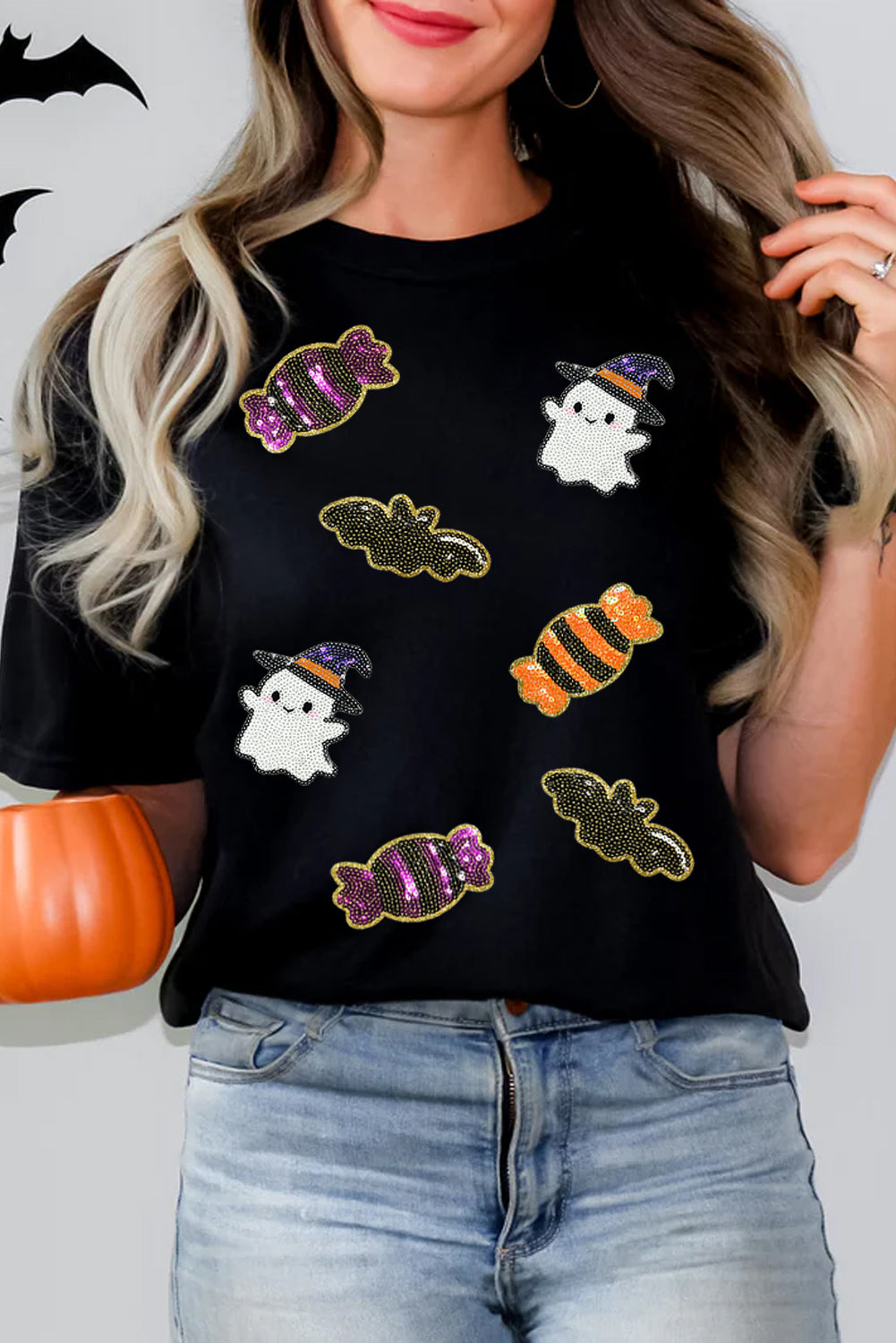 Black Halloween Spirit Pattern Sequins Patch Custom Casual Tee