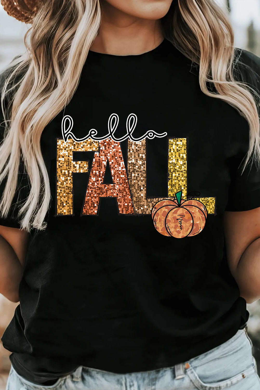 Black Hello Fall Letter Pumpkin Heat Transfer Printing T Shirt