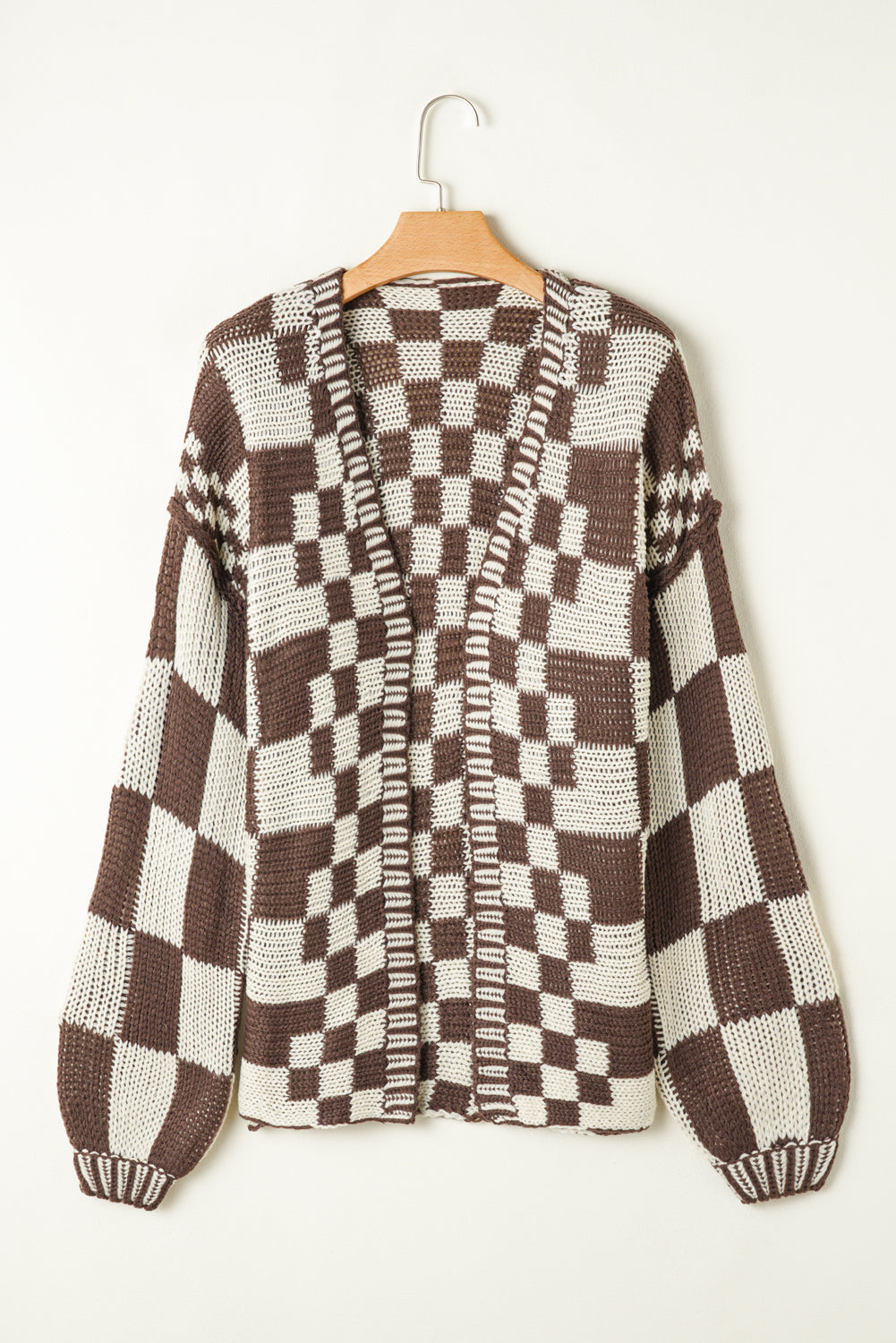 Colorblock Checked Open Front Knitted Cardigan