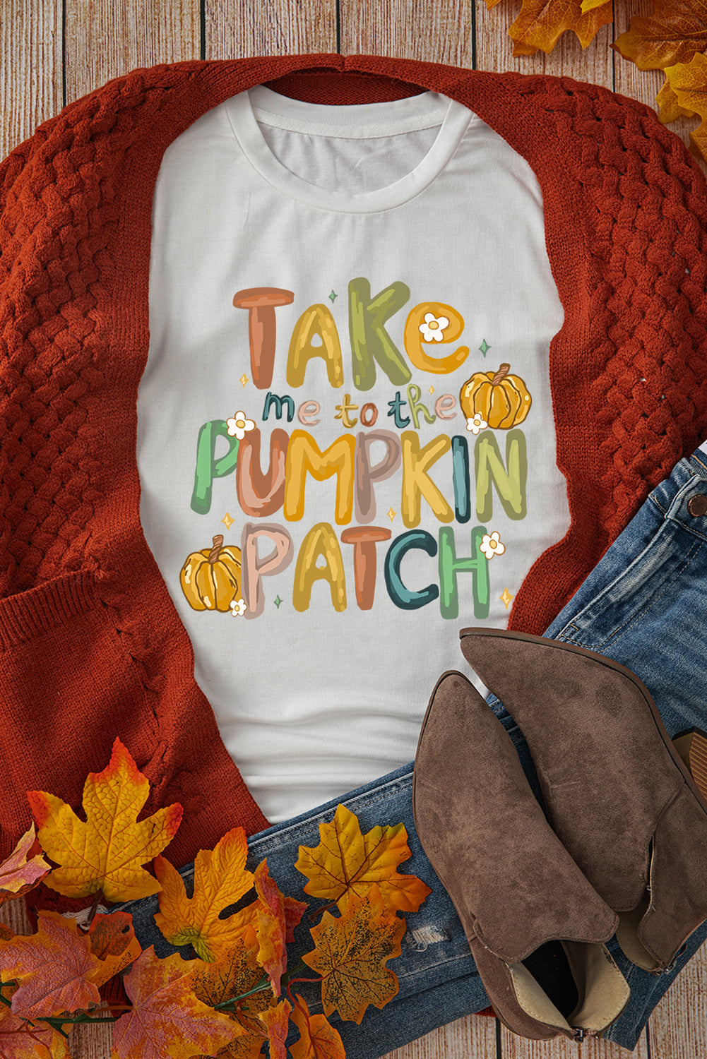 White Take Me To The Pumpkin Heat Transfer Printing Cotton Blend T Shirt