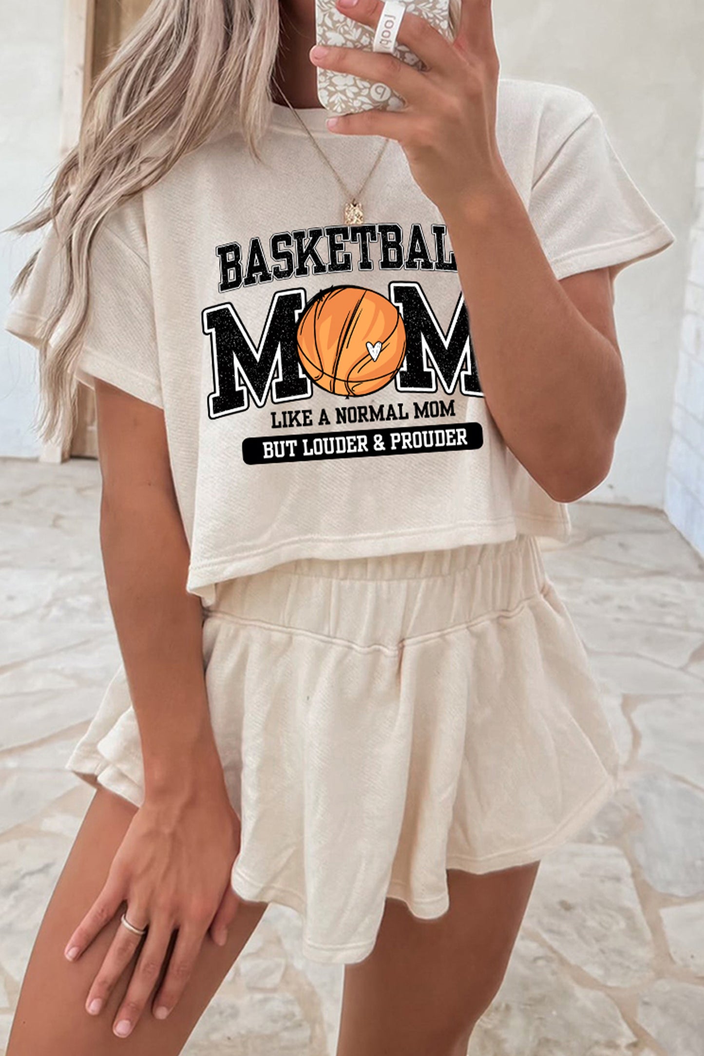 Beige BASKETBALL MOM Retro Graphic Ruffle Skort 2 piece Set Mother’s Day gift
