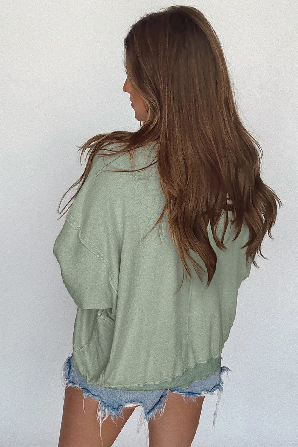 Coffee Raw Edge Flower Patch Drop Shoulder Long Sleeve Top
