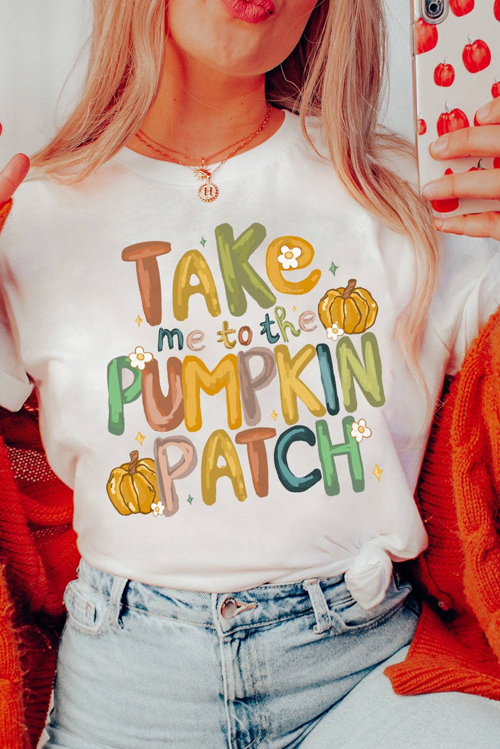 White Take Me To The Pumpkin Heat Transfer Printing Cotton Blend T Shirt