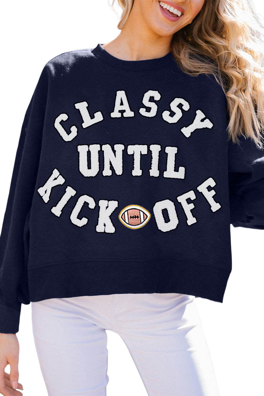 White CLASSY UNTIL KICKOFF Letter Graphic Loose Sweatshirt football