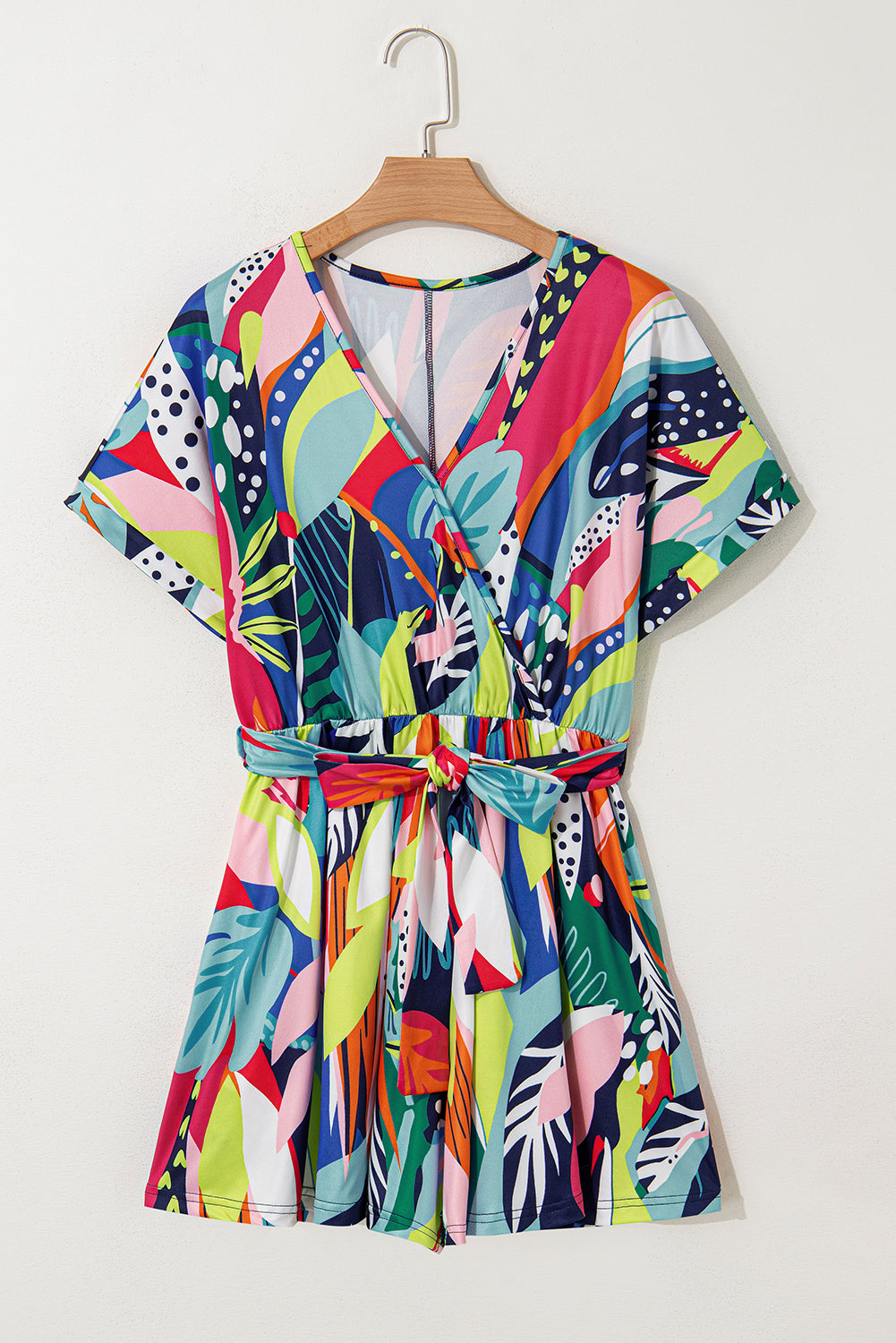 Multicolour Tropical Printed Surplice Neck Tie Waist Romper