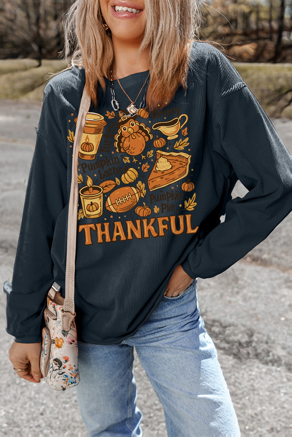 Dark Grey Twisted Ribbed THANKFUL Fall Fashion Heat Transfer Printing Baggy Sweatshirt Thanksgiving