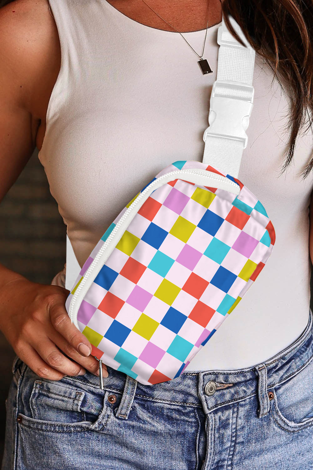 White Colorful Checkered Print Crossbody Bag