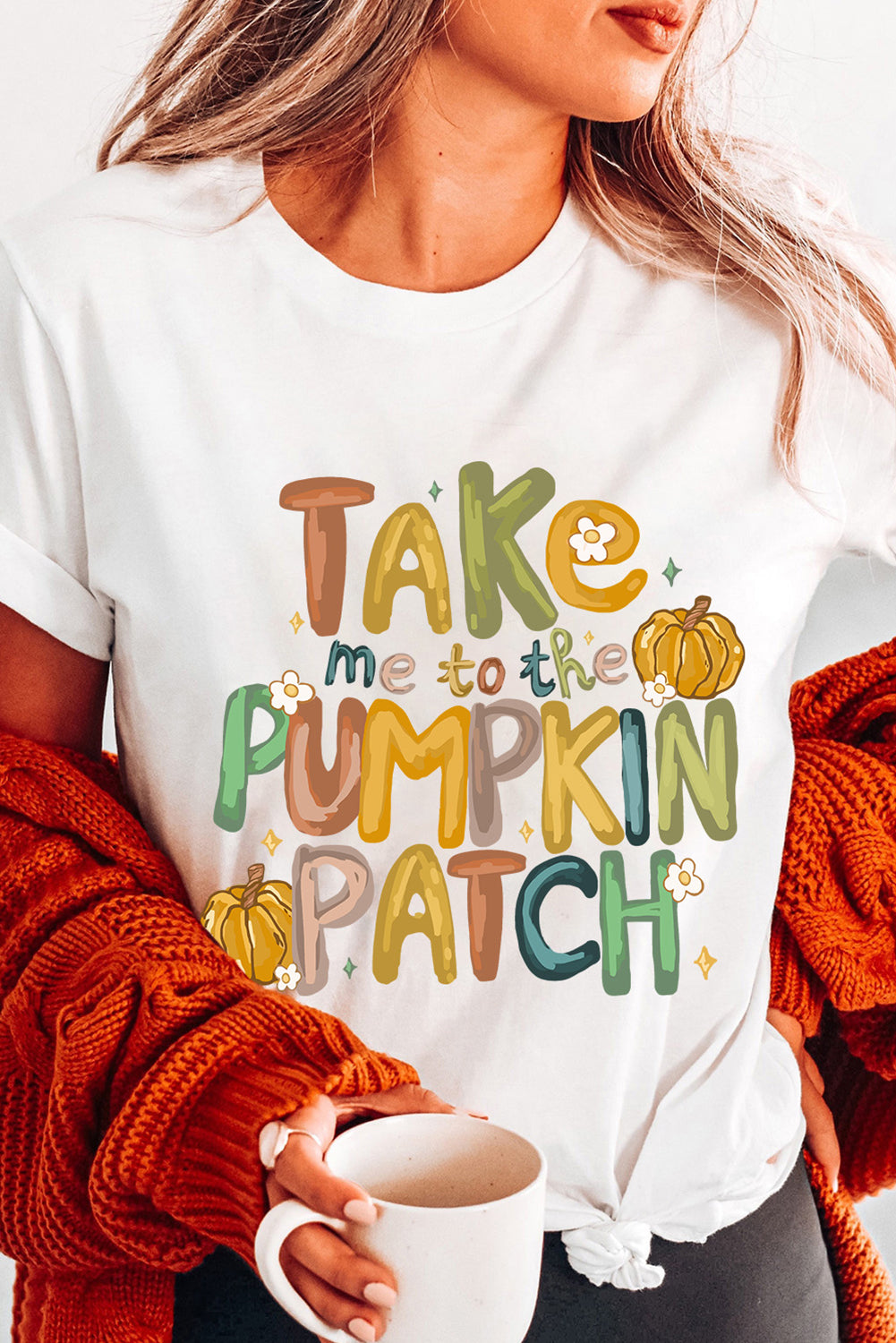 White Take Me To The Pumpkin Heat Transfer Printing Cotton Blend T Shirt