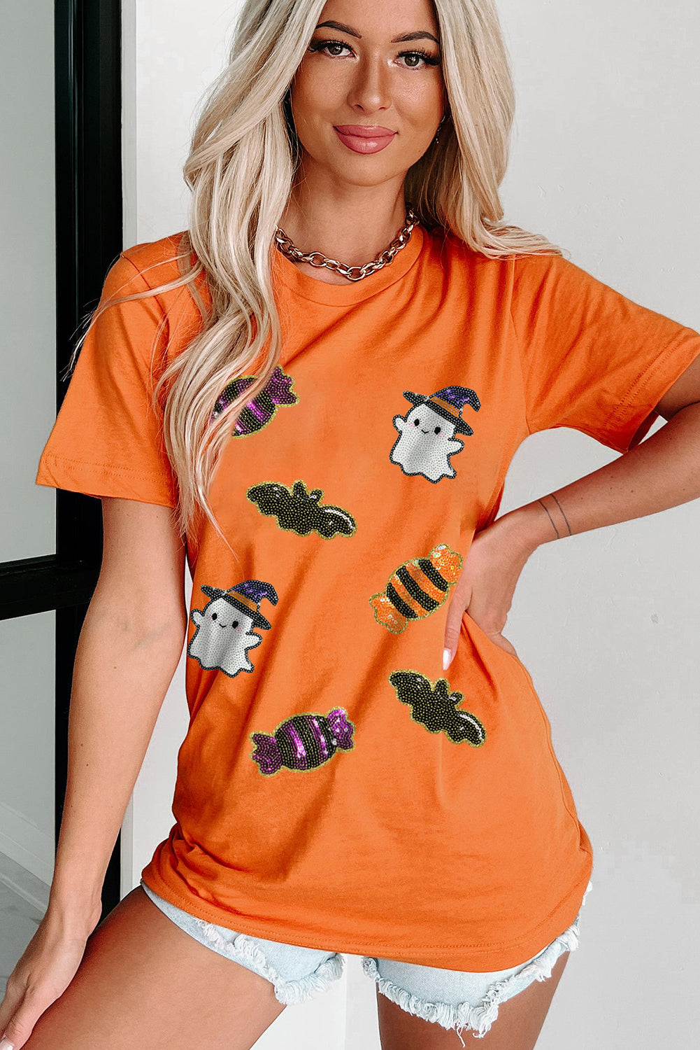Black Halloween Spirit Pattern Sequins Patch Custom Casual Tee