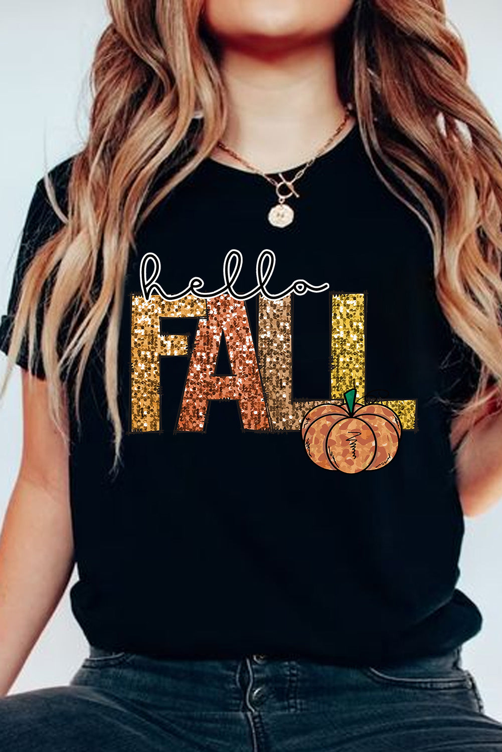 Black Hello Fall Letter Pumpkin Heat Transfer Printing T Shirt