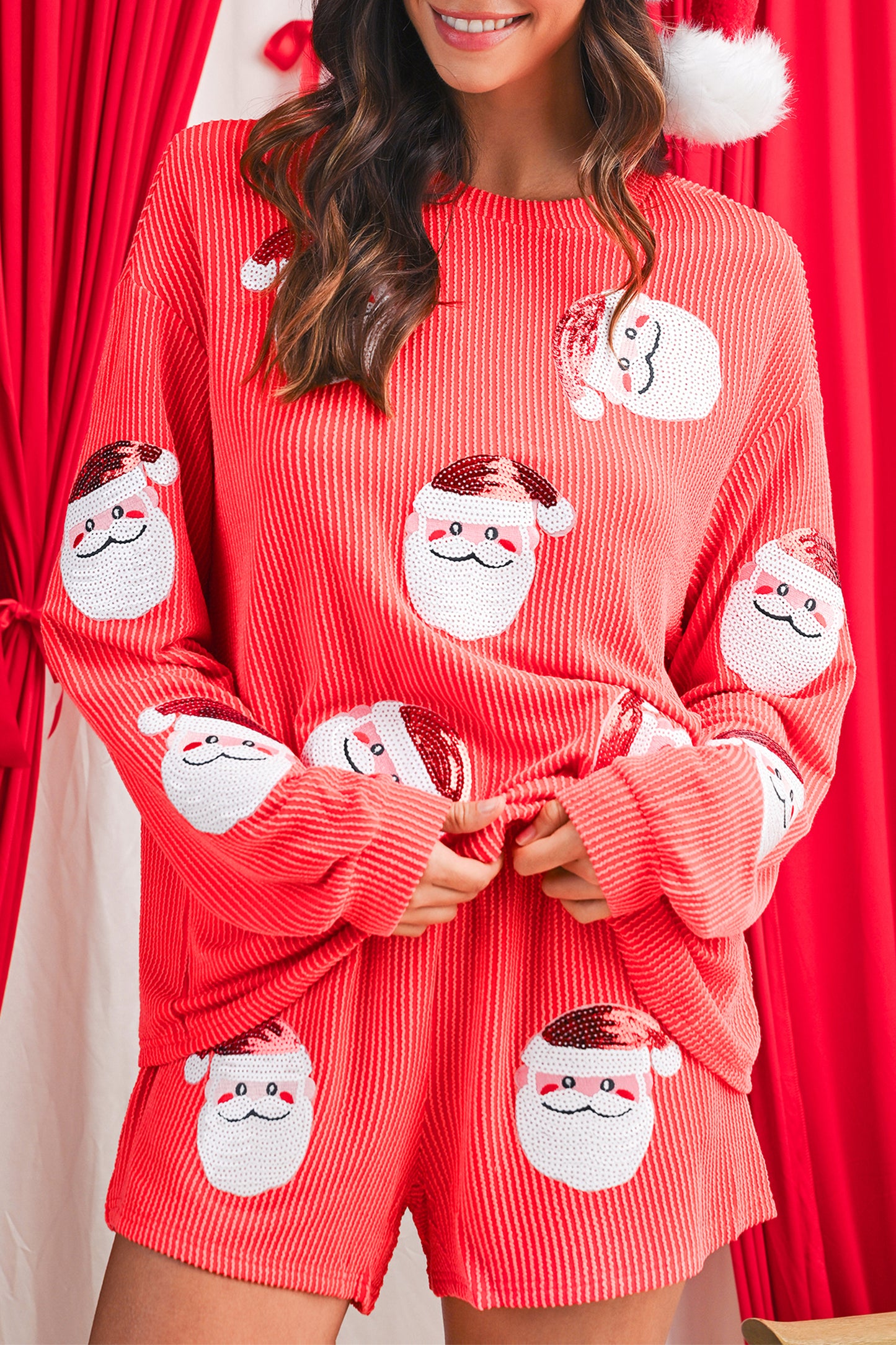 Gold Flame Corded Sequin Christmas Santa Clause Pullover top and Shorts Set