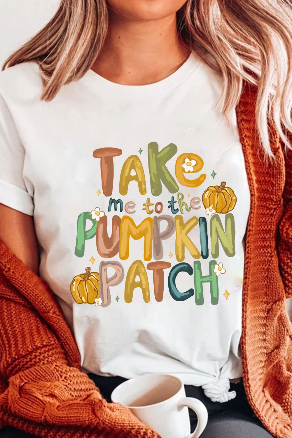White Take Me To The Pumpkin Heat Transfer Printing Cotton Blend T Shirt