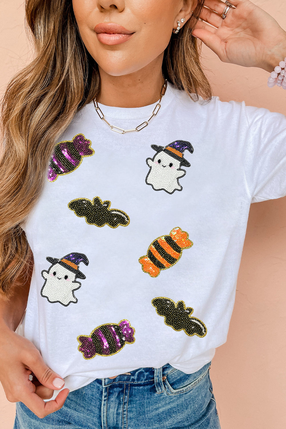 Black Halloween Spirit Pattern Sequins Patch Custom Casual Tee