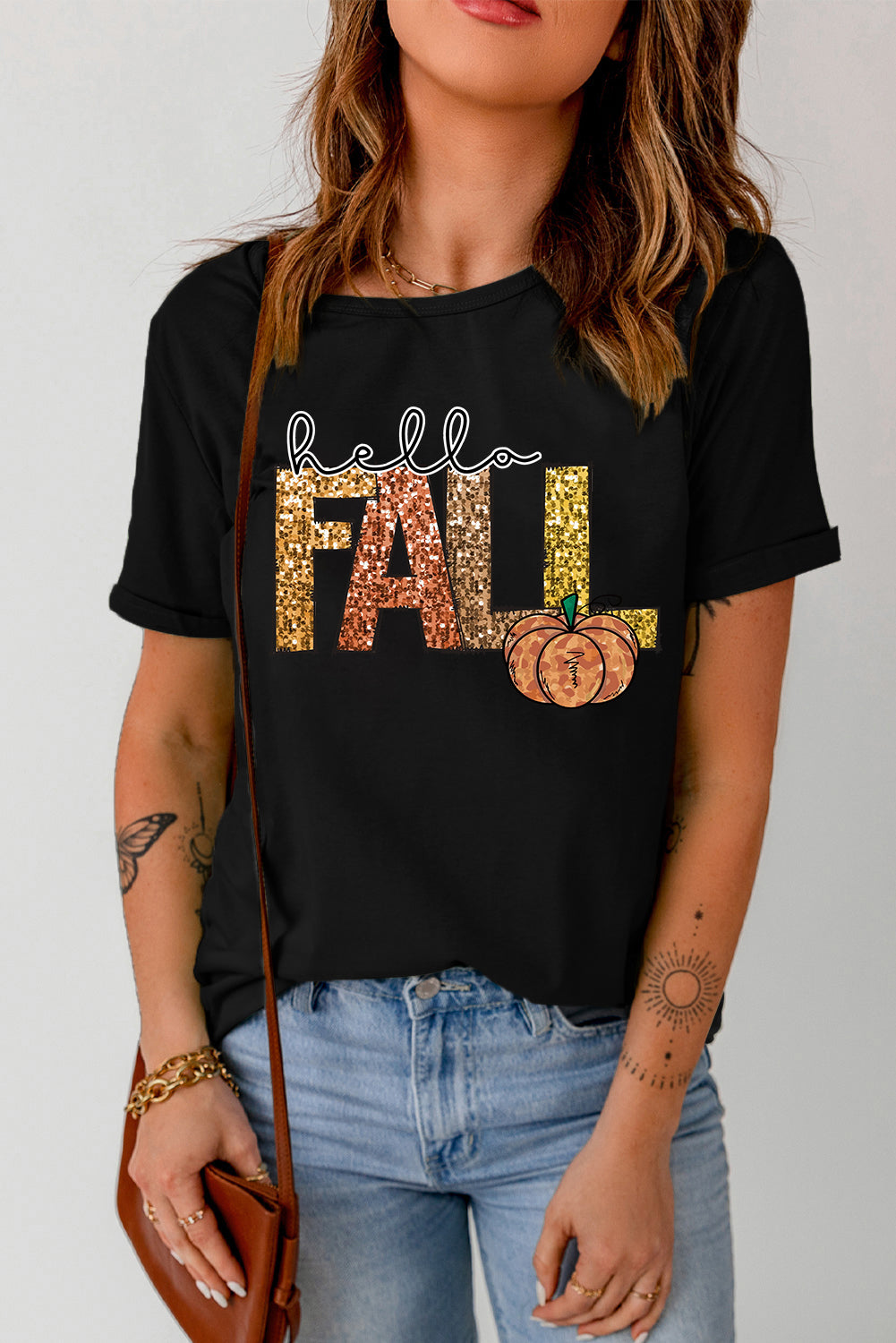 Black Hello Fall Letter Pumpkin Heat Transfer Printing T Shirt