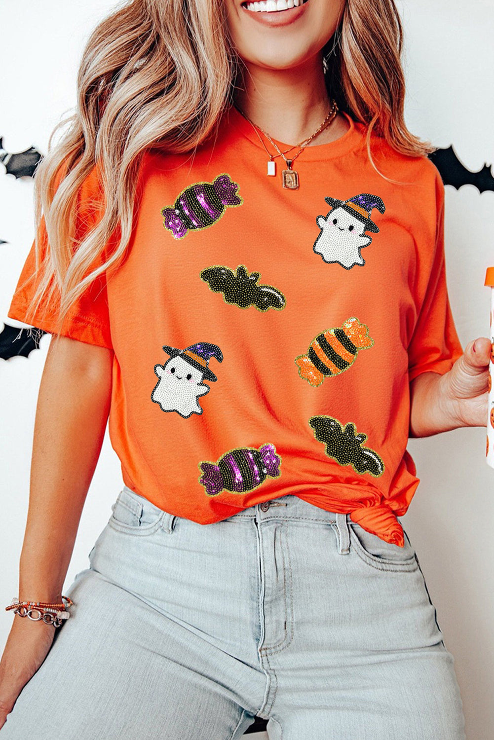Black Halloween Spirit Pattern Sequins Patch Custom Casual Tee