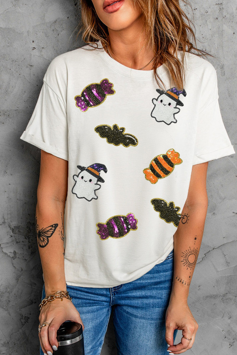 Black Halloween Spirit Pattern Sequins Patch Custom Casual Tee