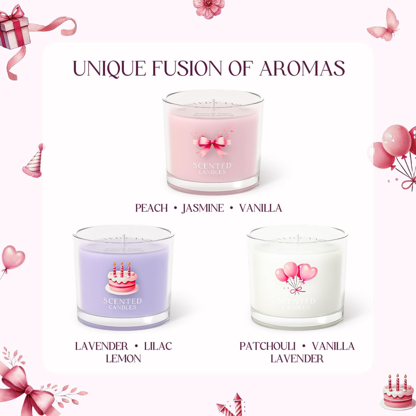 Scented Candles, Scented Candle Gift Set for Stress Relief, 3 Votive Candles for Women and Men, Birthday Candle Gifts for Women, Christmas Candles for Women (Pink + Purple + White, 7 oz)