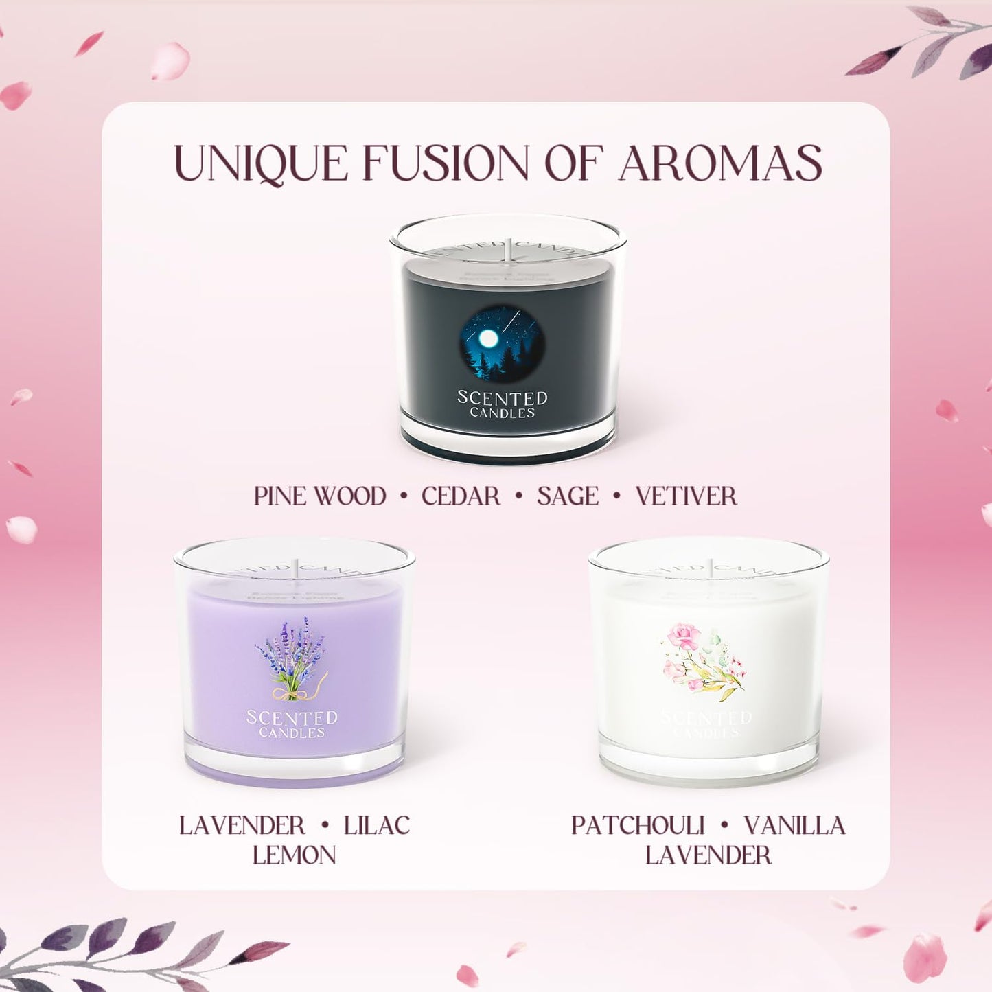 Scented Candles, Scented Candle Gift Set for Stress Relief, 3 Votive Candles for Women and Men, Birthday Candle Gifts for Women, Christmas Candles for Women (Pink + Purple + White, 7 oz)