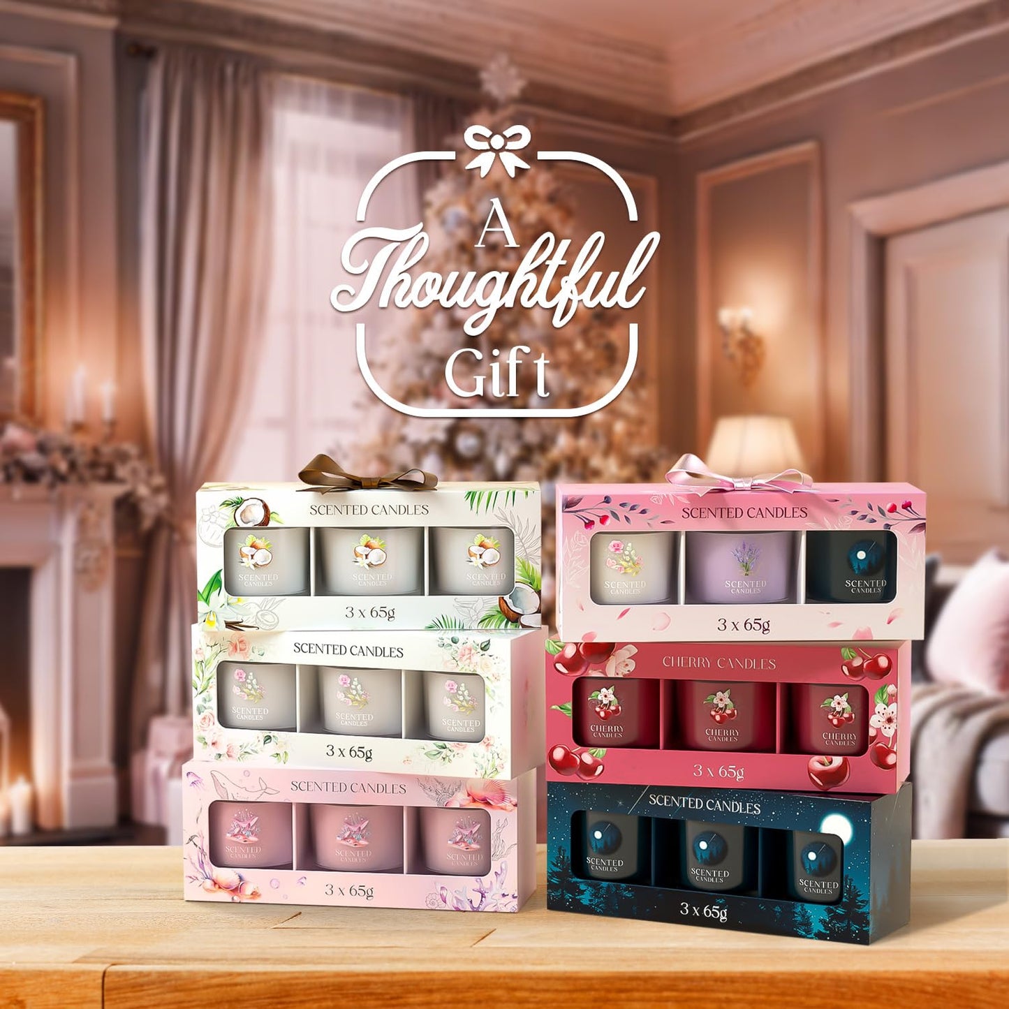 Scented Candles, Scented Candle Gift Set for Stress Relief, 3 Votive Candles for Women and Men, Birthday Candle Gifts for Women, Christmas Candles for Women (Pink + Purple + White, 7 oz)