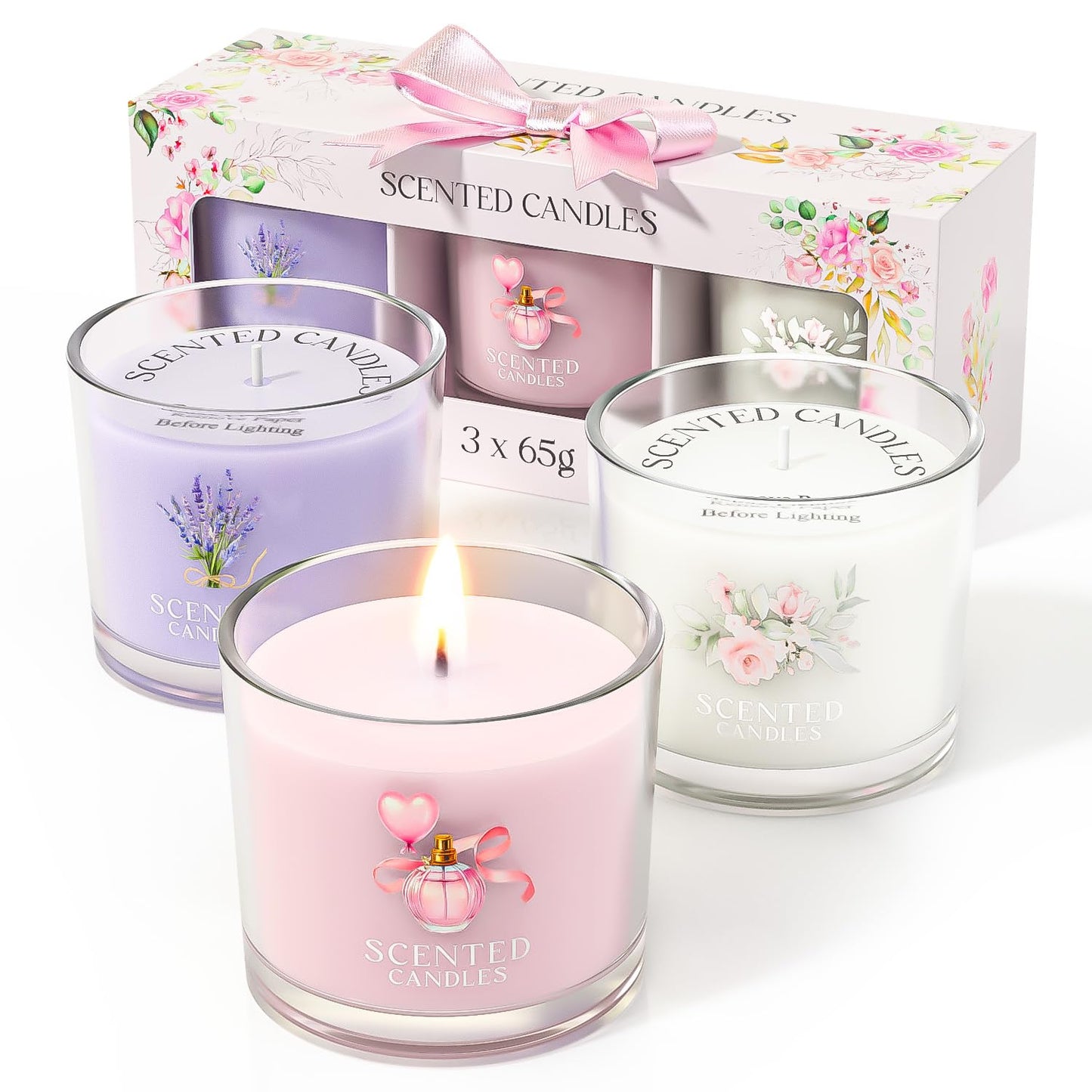 Scented Candles, Scented Candle Gift Set for Stress Relief, 3 Votive Candles for Women and Men, Birthday Candle Gifts for Women, Christmas Candles for Women (Pink + Purple + White, 7 oz)