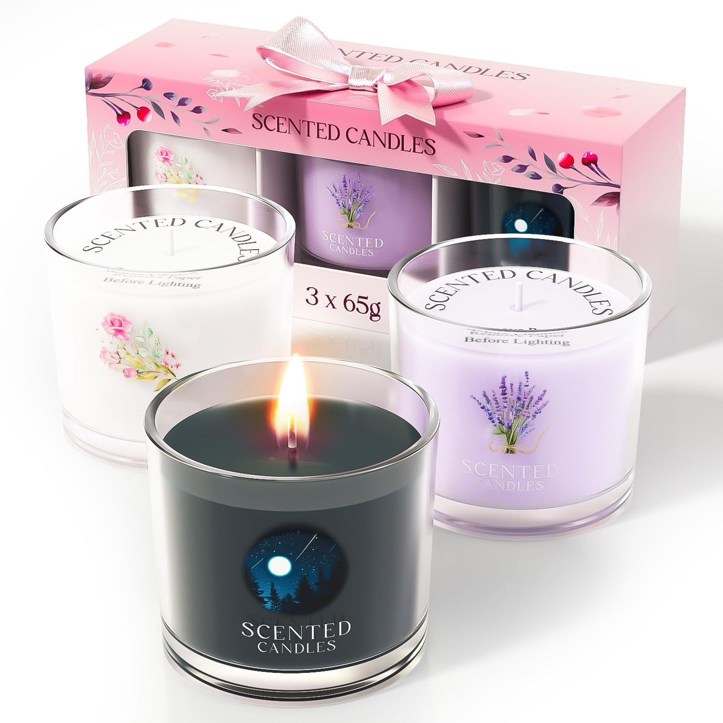Scented Candles, Scented Candle Gift Set for Stress Relief, 3 Votive Candles for Women and Men, Birthday Candle Gifts for Women, Christmas Candles for Women (Pink + Purple + White, 7 oz)