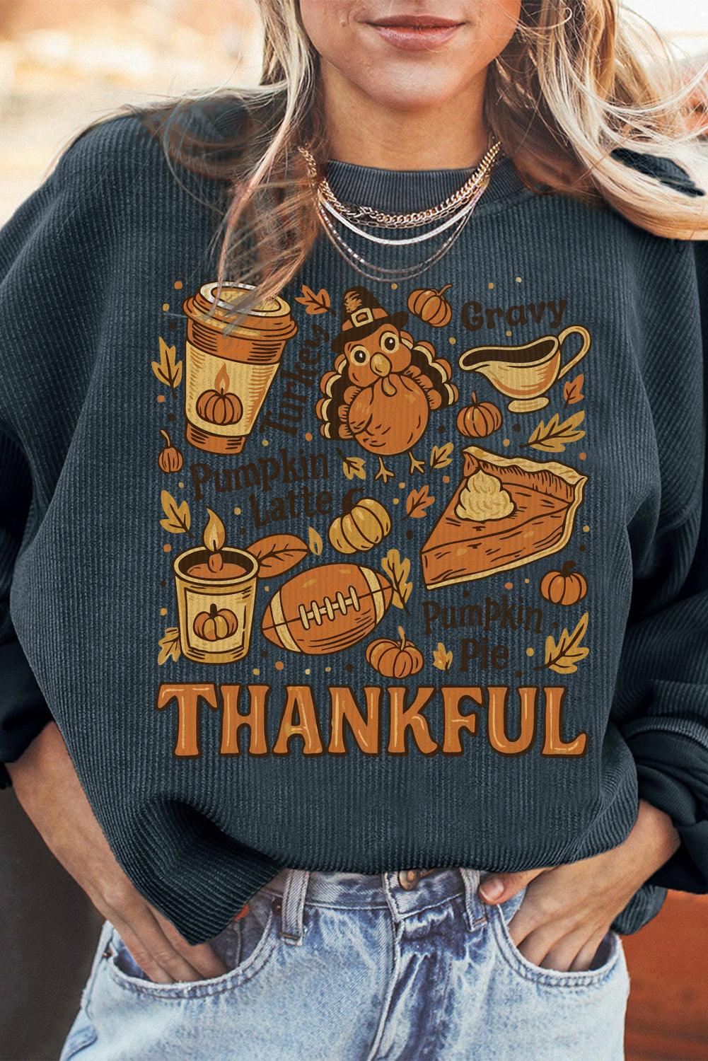 Dark Grey Twisted Ribbed THANKFUL Fall Fashion Heat Transfer Printing Baggy Sweatshirt Thanksgiving