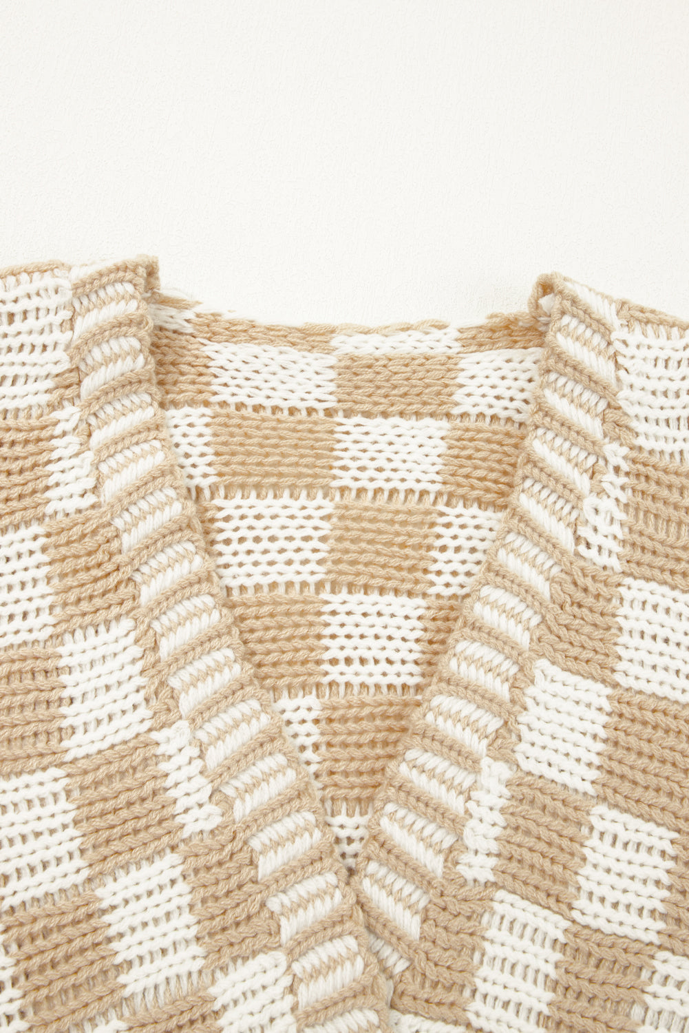 Colorblock Checked Open Front Knitted Cardigan