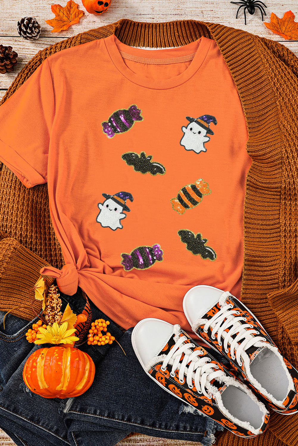 Black Halloween Spirit Pattern Sequins Patch Custom Casual Tee