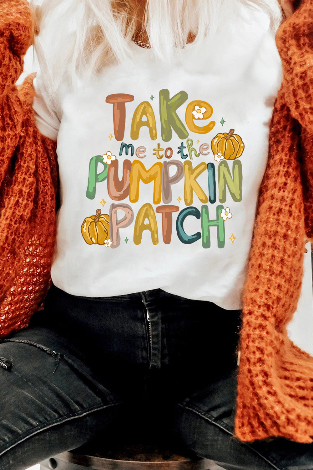 White Take Me To The Pumpkin Heat Transfer Printing Cotton Blend T Shirt