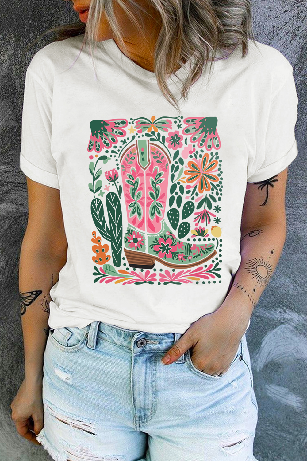 White Boots Flower Print Crew Neck Graphic Loose Tee
