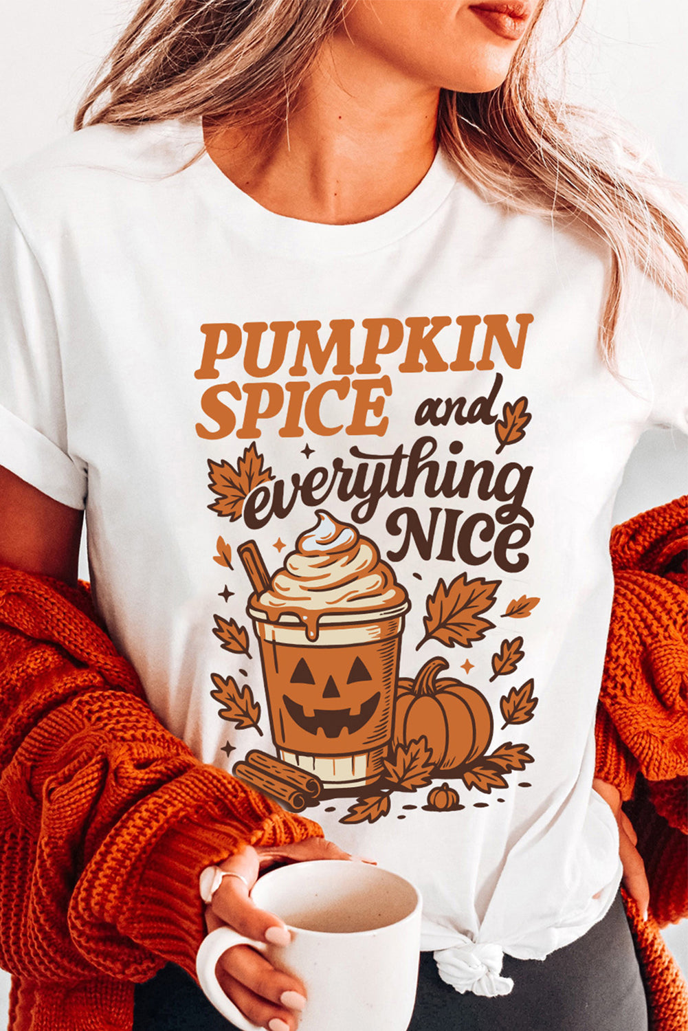 White Fall Vibe Thanksgiving Graphic Heat Transfer Printing T Shirt pumpkin spice everything nice