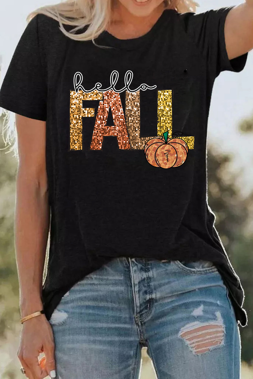 Black Hello Fall Letter Pumpkin Heat Transfer Printing T Shirt