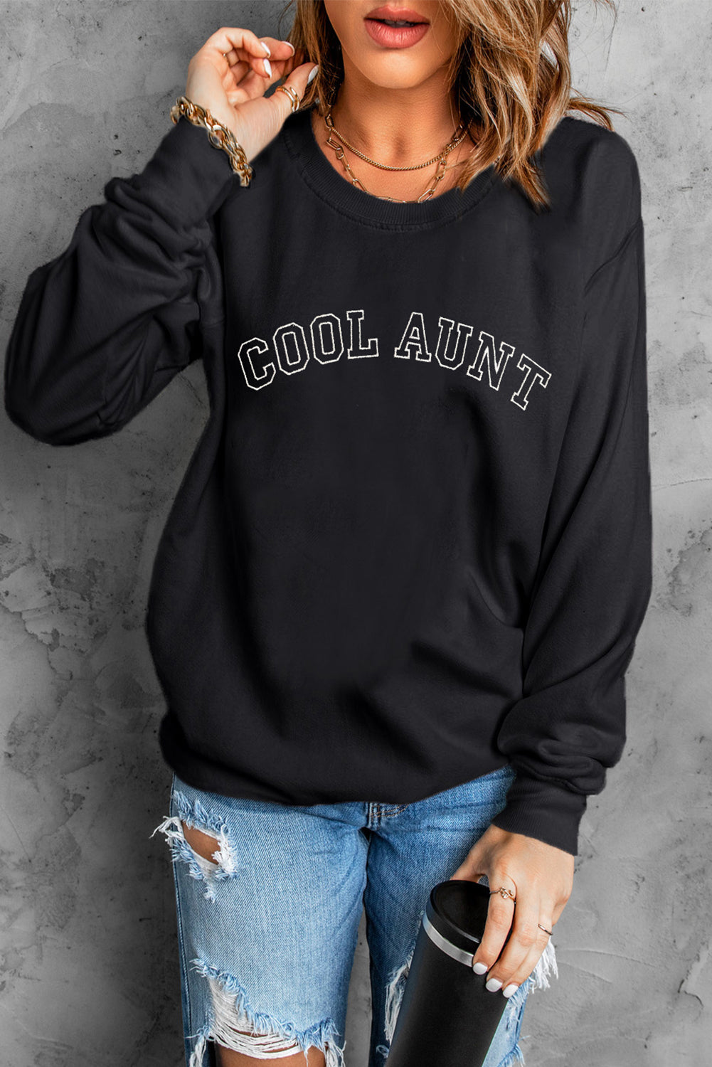 Black COOL AUNT Embroidered Letter Graphic Sweatshirt