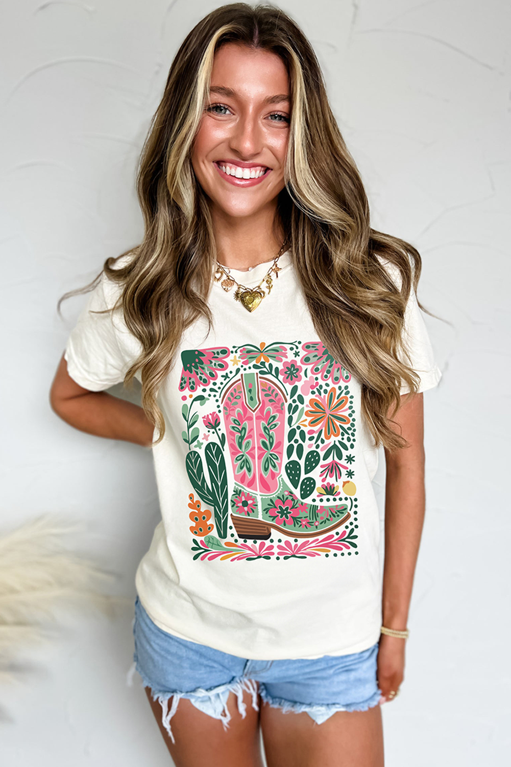 White Boots Flower Print Crew Neck Graphic Loose Tee