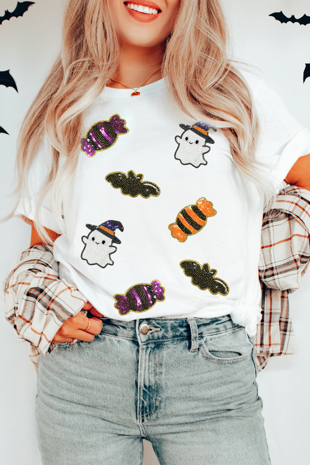 Black Halloween Spirit Pattern Sequins Patch Custom Casual Tee