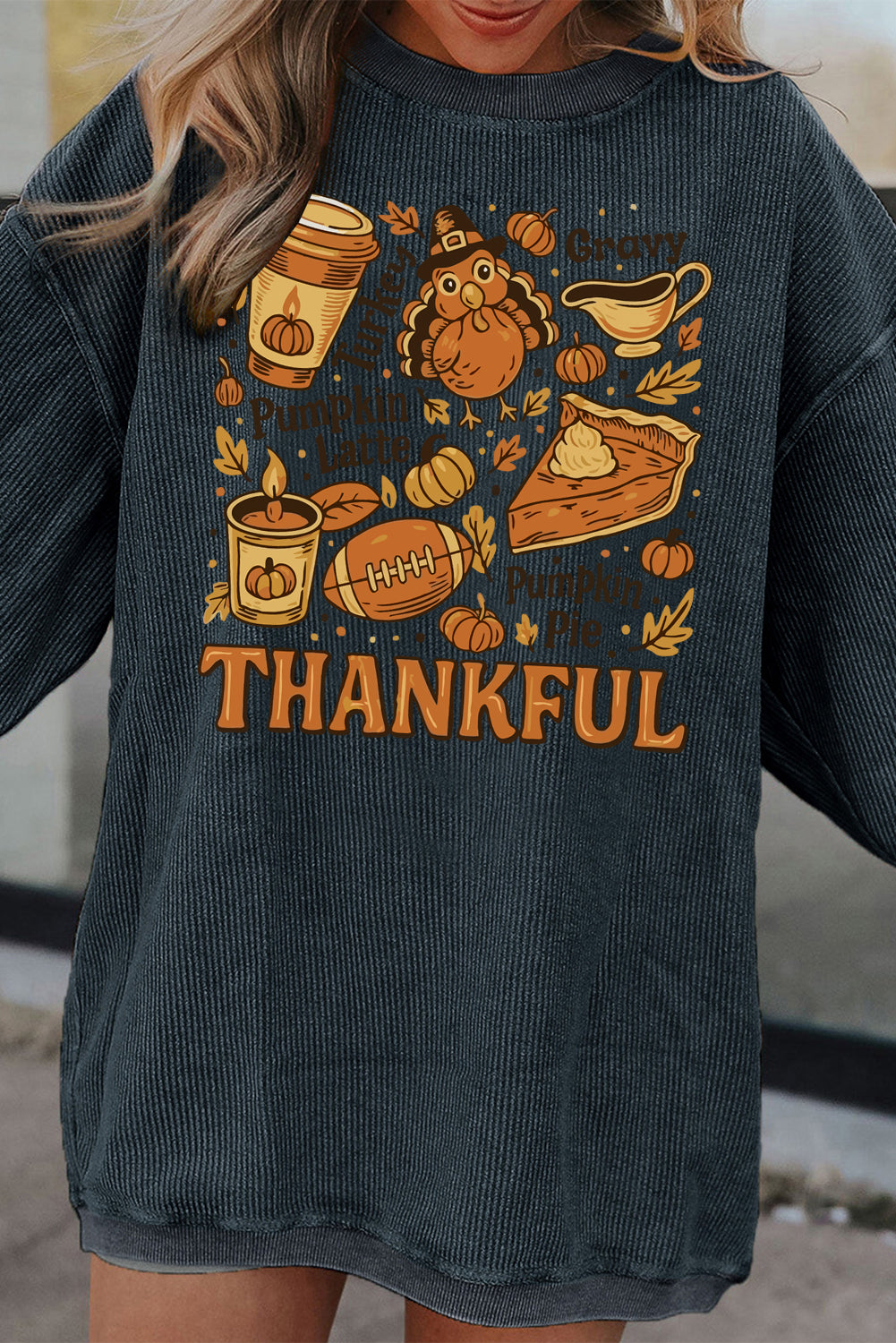 Dark Grey Twisted Ribbed THANKFUL Fall Fashion Heat Transfer Printing Baggy Sweatshirt Thanksgiving