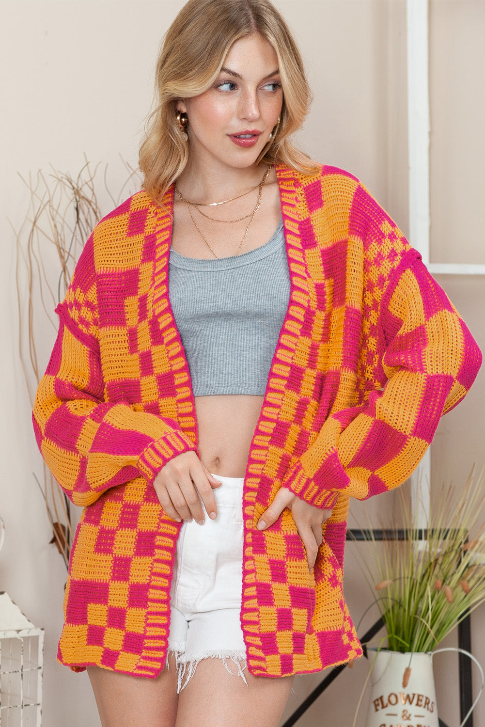 Colorblock Checked Open Front Knitted Cardigan