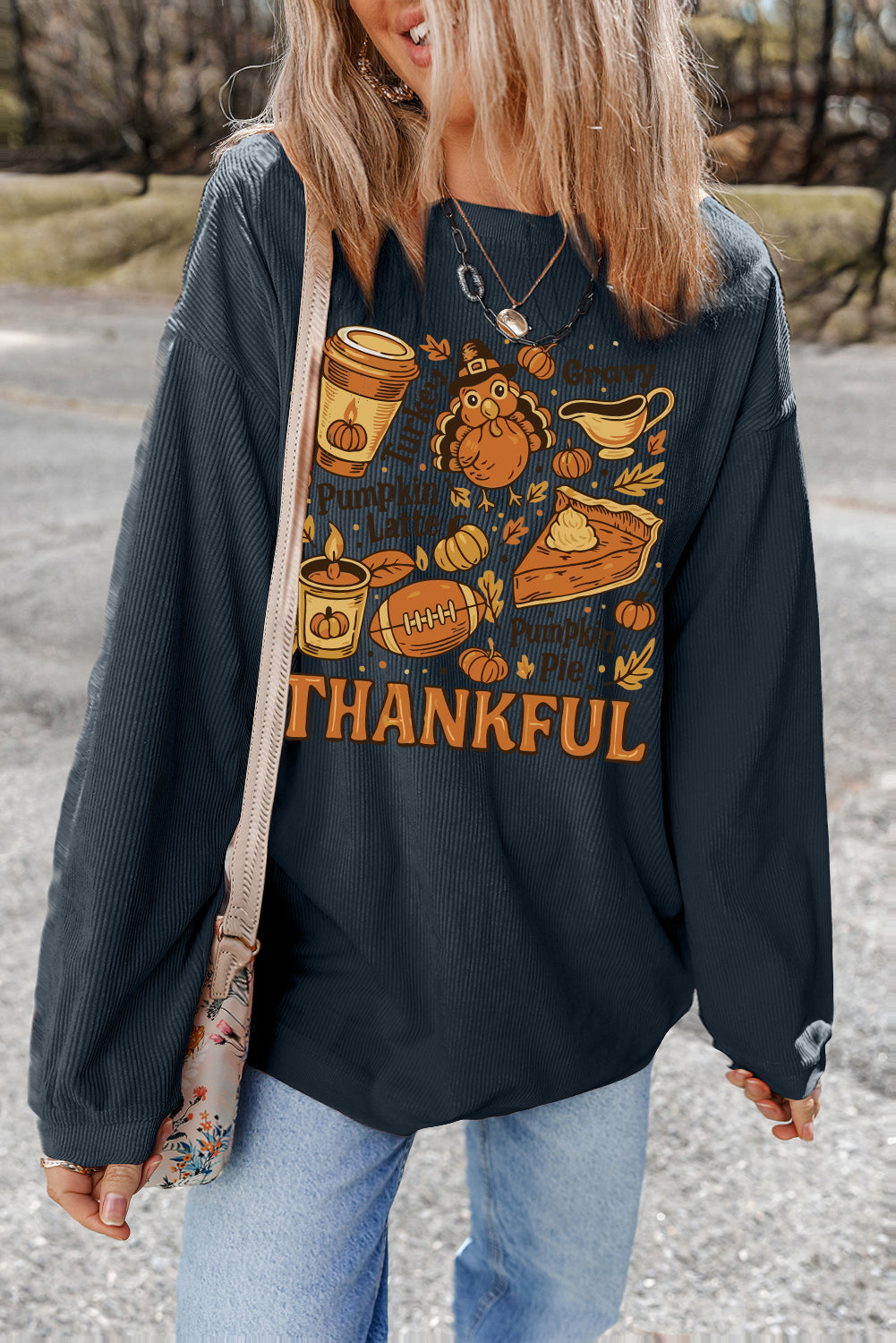 Dark Grey Twisted Ribbed THANKFUL Fall Fashion Heat Transfer Printing Baggy Sweatshirt Thanksgiving