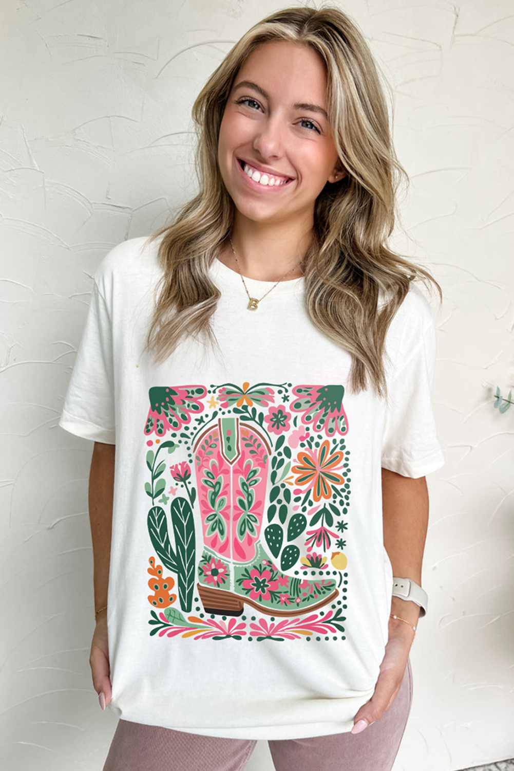 White Boots Flower Print Crew Neck Graphic Loose Tee
