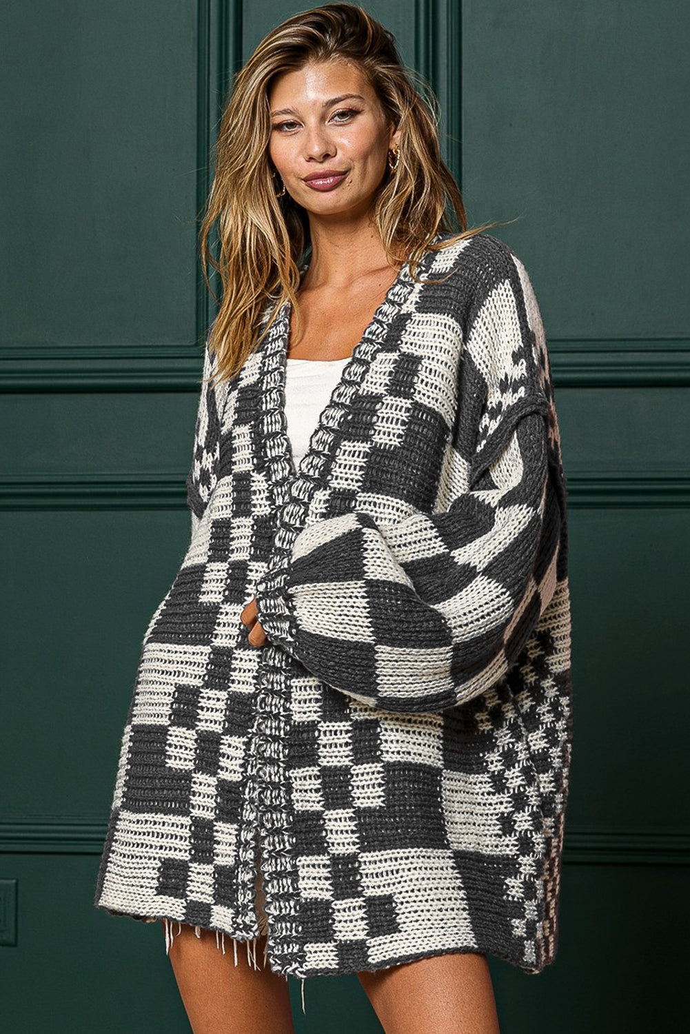 Colorblock Checked Open Front Knitted Cardigan