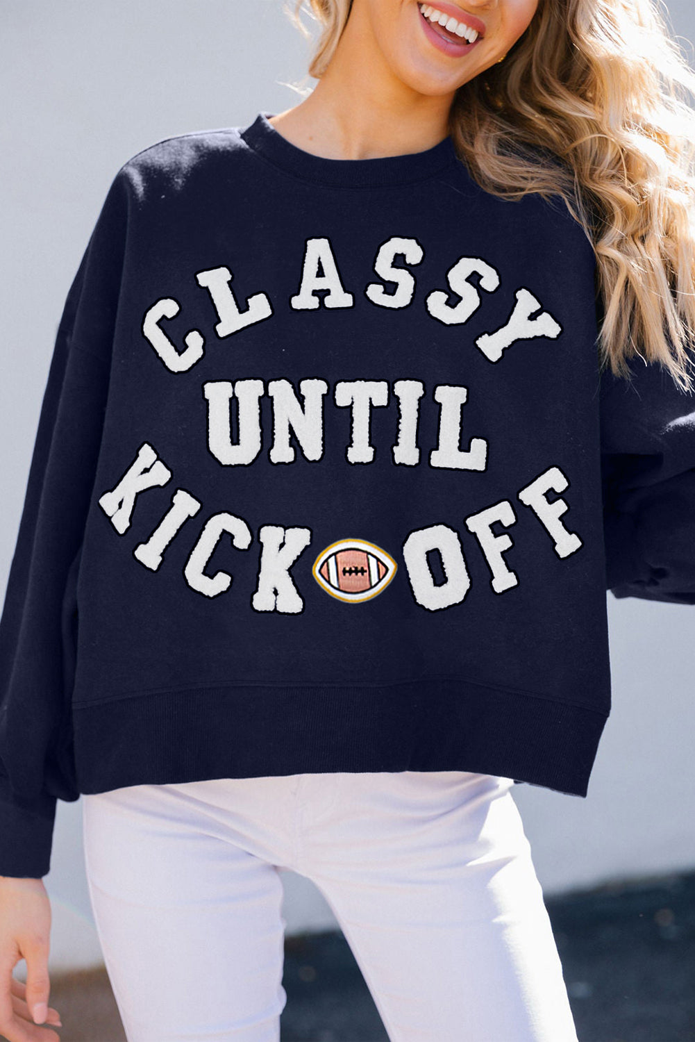 White CLASSY UNTIL KICKOFF Letter Graphic Loose Sweatshirt football