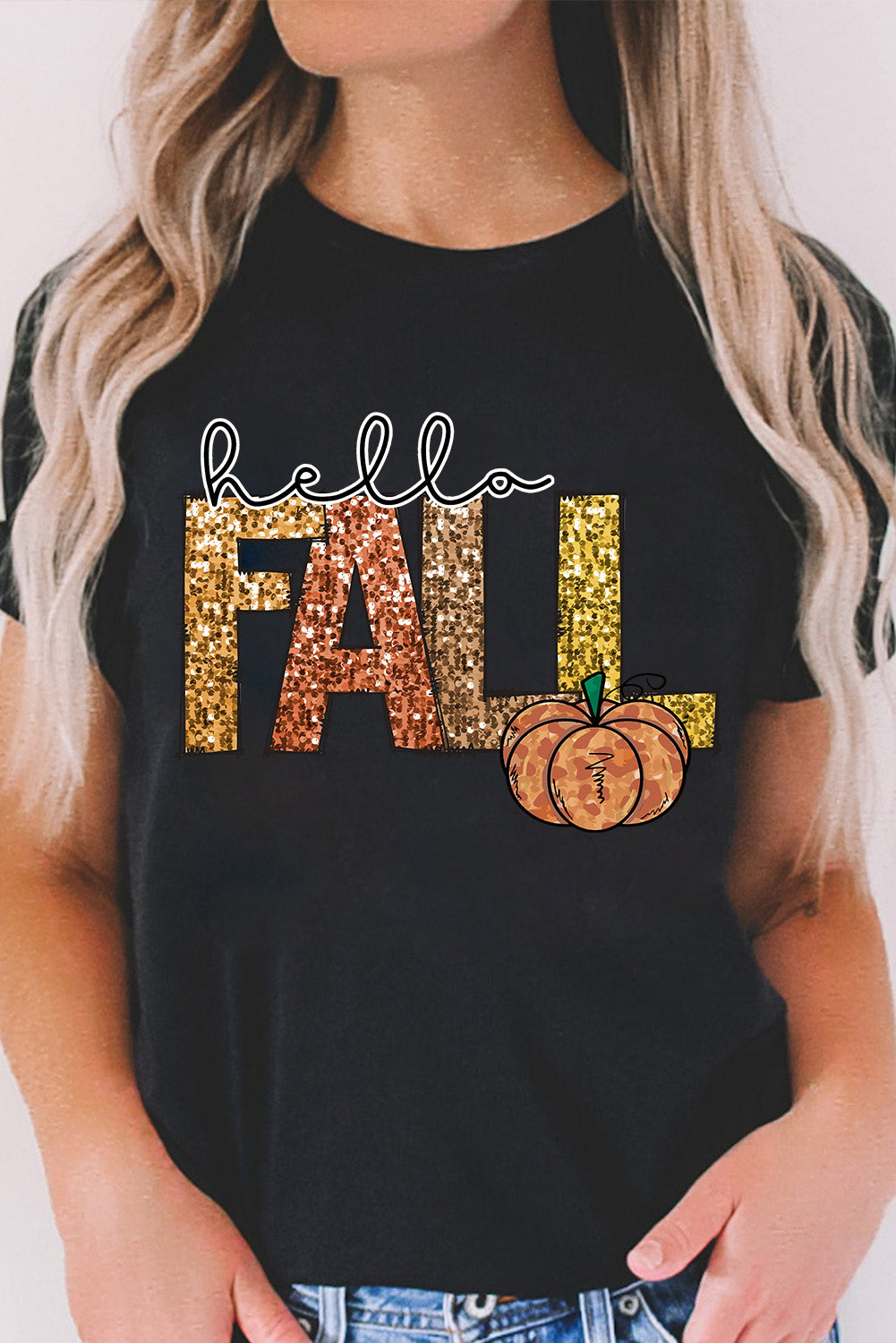 Black Hello Fall Letter Pumpkin Heat Transfer Printing T Shirt