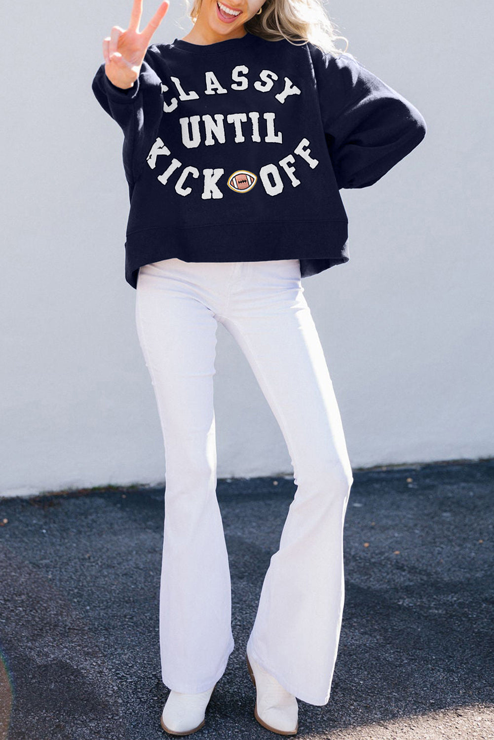 White CLASSY UNTIL KICKOFF Letter Graphic Loose Sweatshirt football