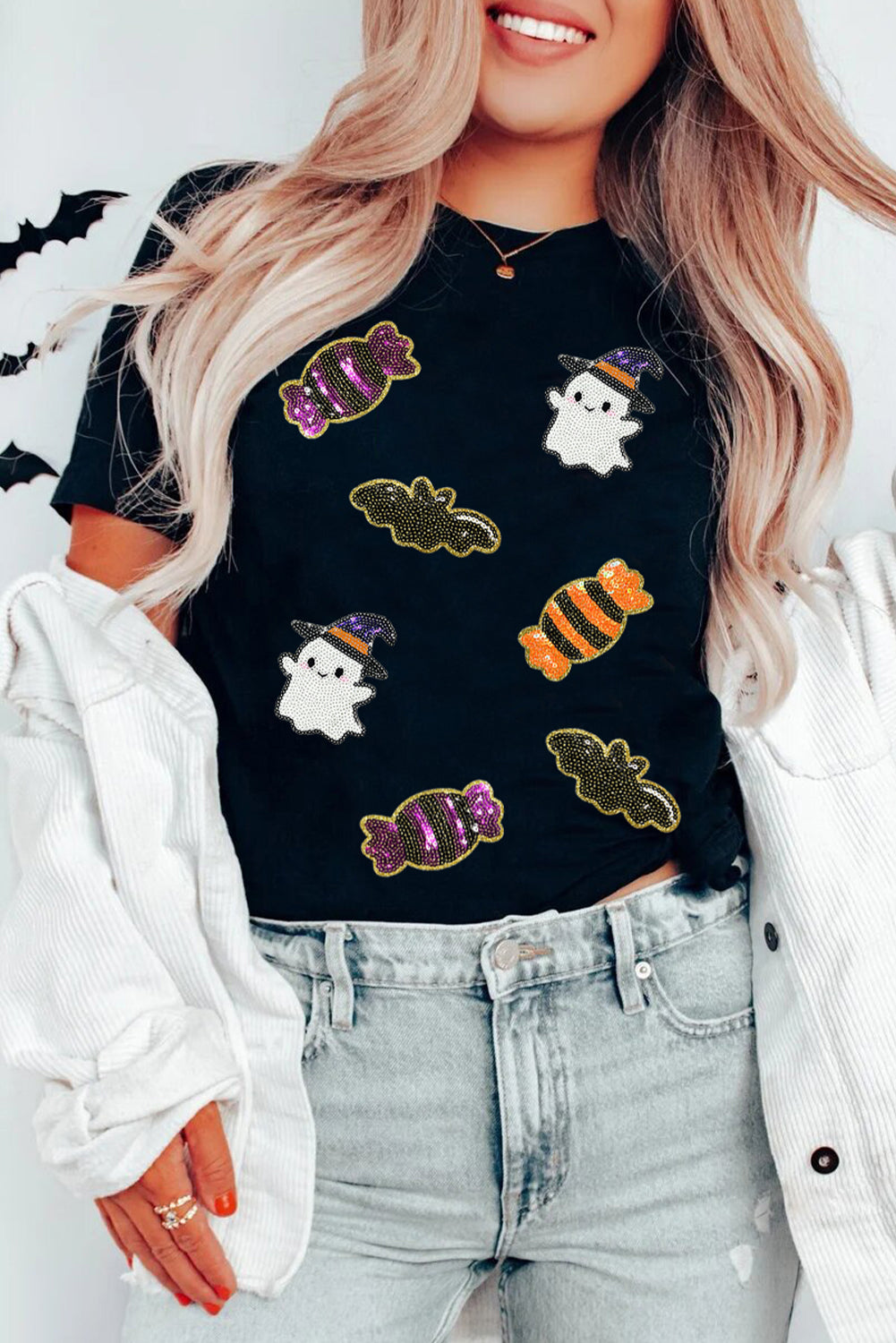 Black Halloween Spirit Pattern Sequins Patch Custom Casual Tee