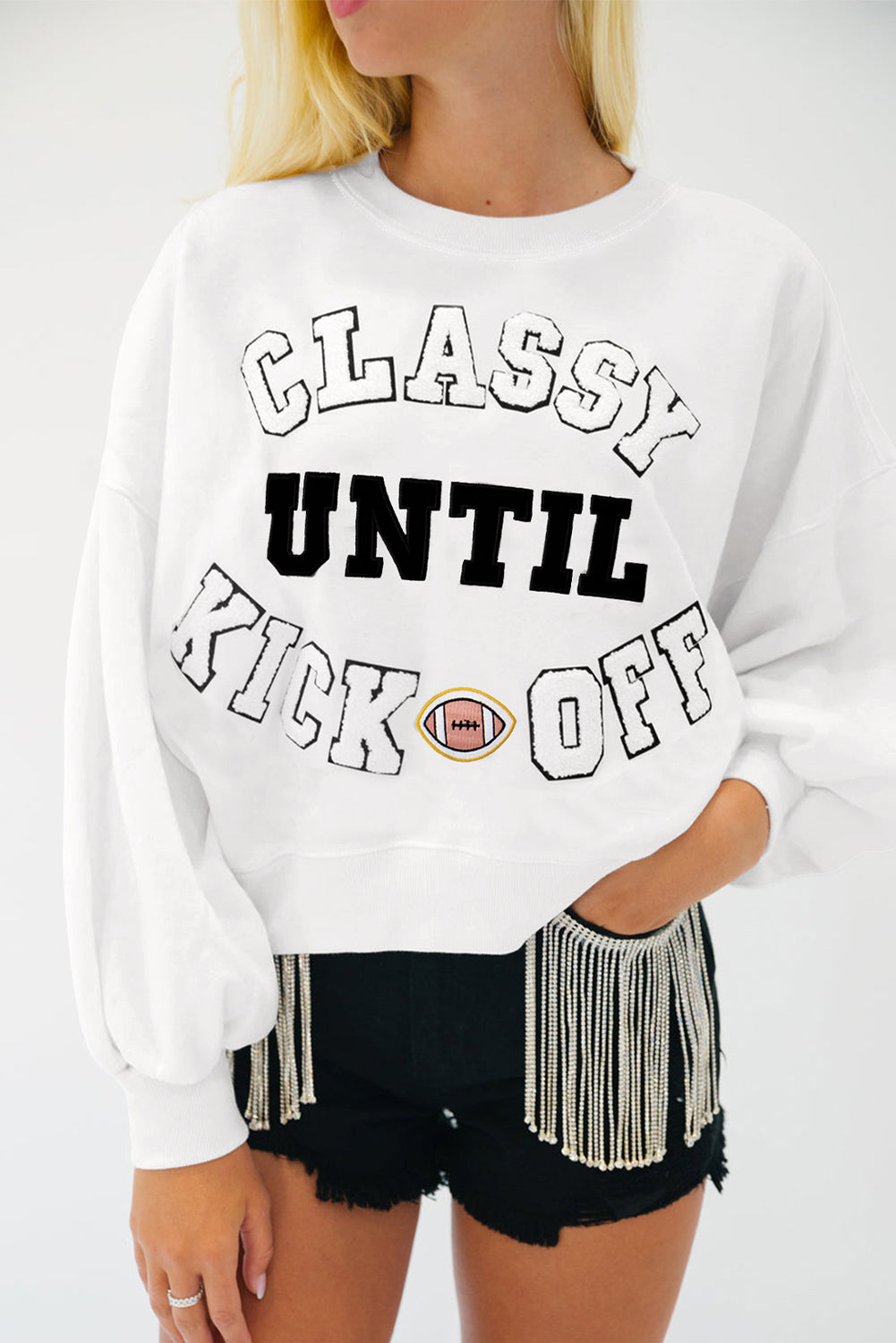 White CLASSY UNTIL KICKOFF Letter Graphic Loose Sweatshirt football