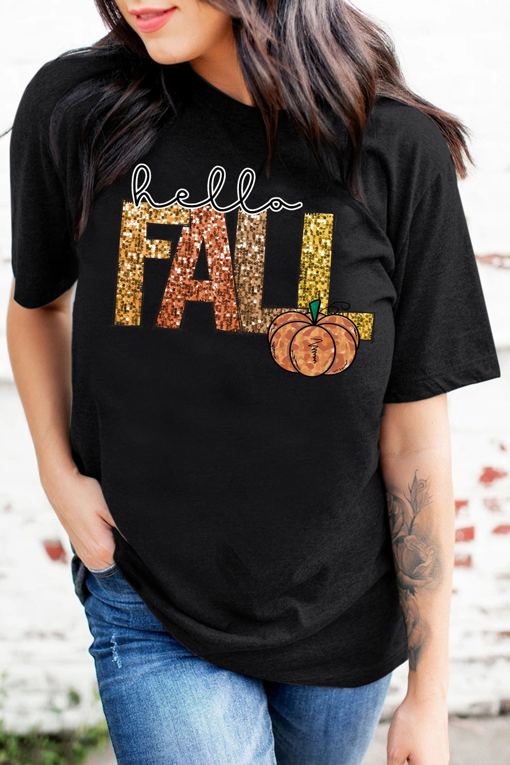 Black Hello Fall Letter Pumpkin Heat Transfer Printing T Shirt